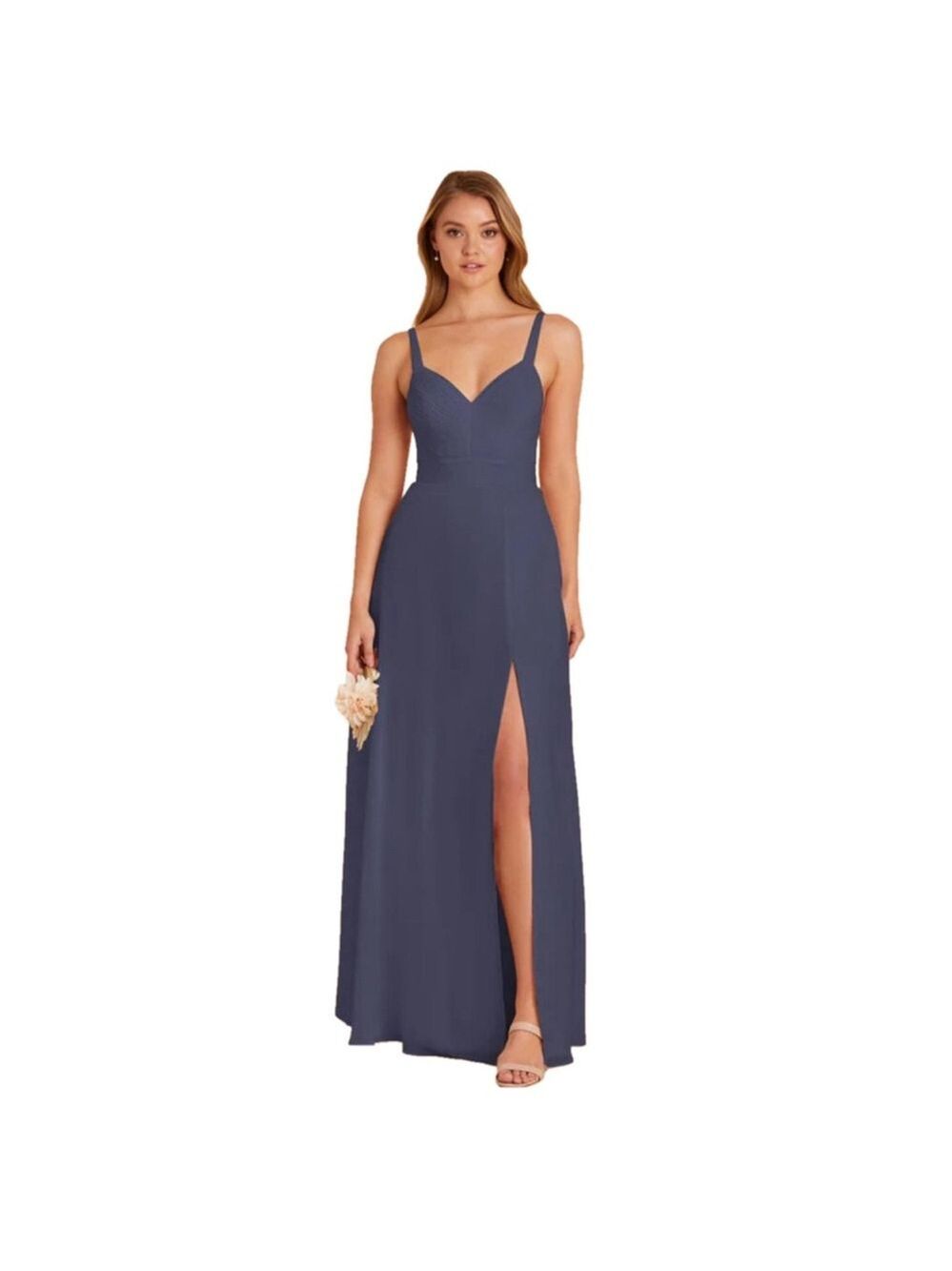 Birdy Grey Slate Blue Maxi Dress Flowy Chiffon Slit Adjustable Cap Sleeve Size S